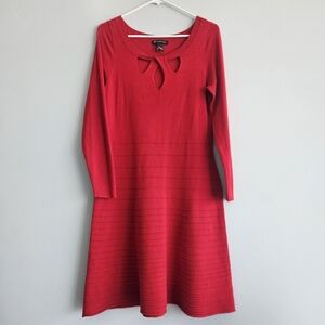 INC International Red Long Sleeve Fit-and-Flare Knit Dress Holiday Xmas keyhole